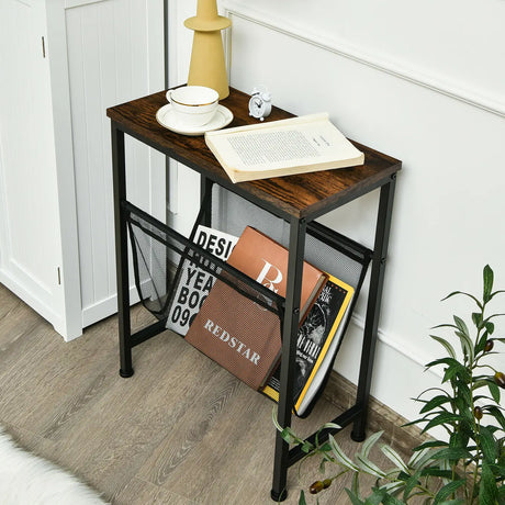 Industrial End Table with Mesh Magazine Holder Sling for Living Room/Bedroom