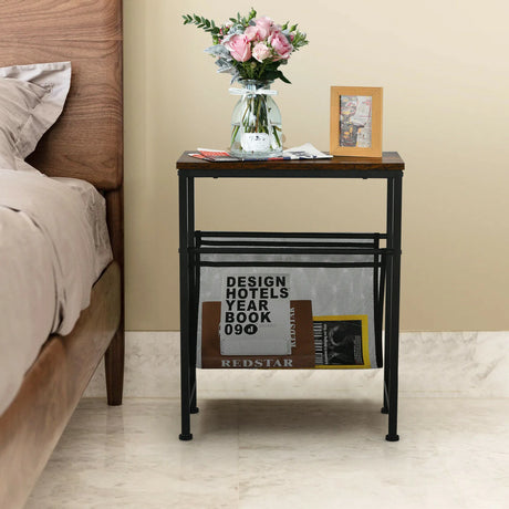 Industrial End Table with Mesh Magazine Holder Sling for Living Room/Bedroom