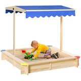 Outsunny Kids Wooden Sand Pit Children Square Sandbox Outdoor Playset Play Station Adjustable Canopy Bench Seat 120x120x120cm