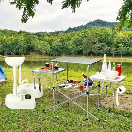 Folding Camping Table with Storage Lower Shelf & Hook & Carry Bag