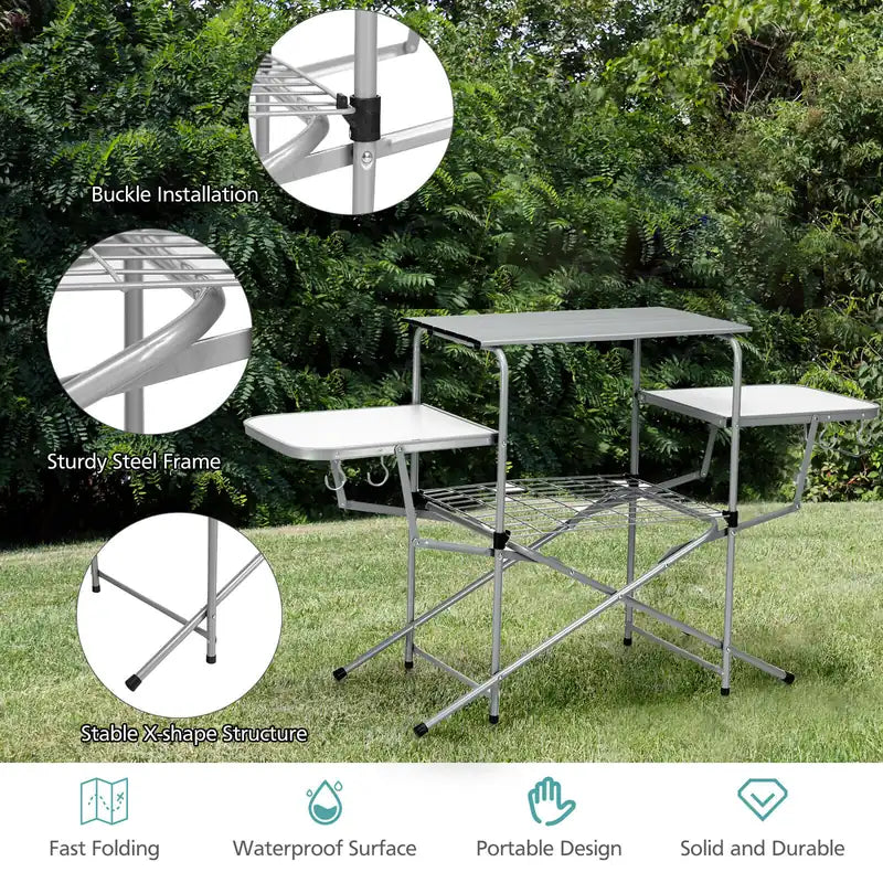Folding Camping Table with Storage Lower Shelf & Hook & Carry Bag