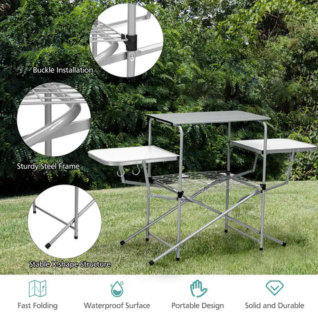 Folding Camping Table with Storage Lower Shelf & Hook & Carry Bag