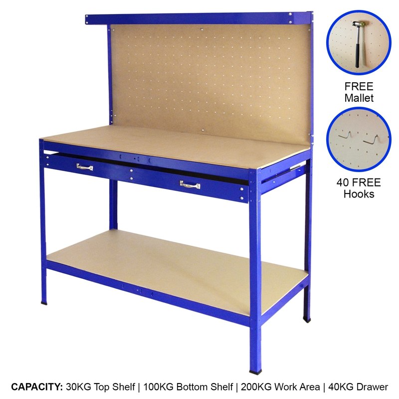 Workbench With Pegboard And Drawer In Blue