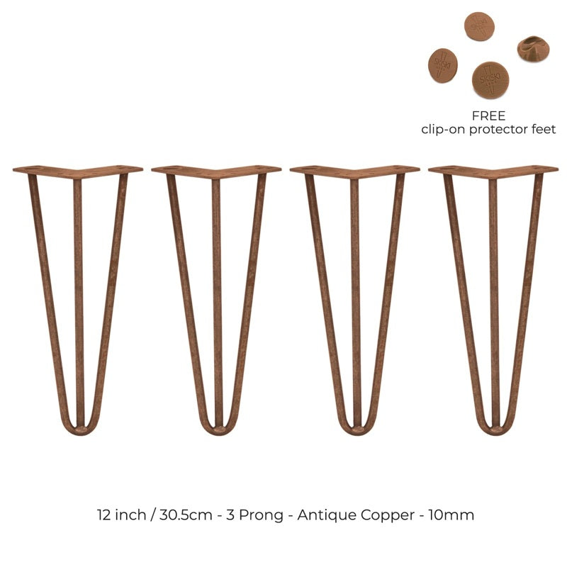 4 x 12" Hairpin Legs - 3 Prong - 10mm - Antique Copper