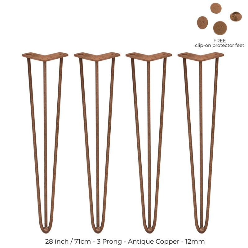 4 x 28" Hairpin Legs - 3 Prong - 12mm - Antique Copper