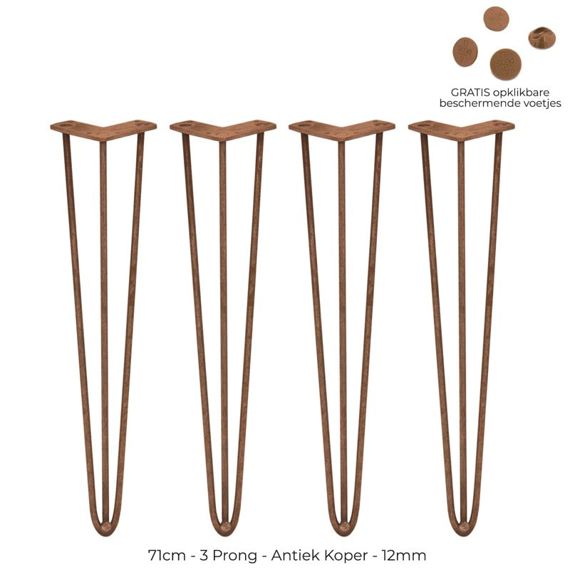 4 x 28" Hairpin Legs - 3 Prong - 12mm - Antique Copper