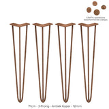 4 x 28" Hairpin Legs - 3 Prong - 12mm - Antique Copper