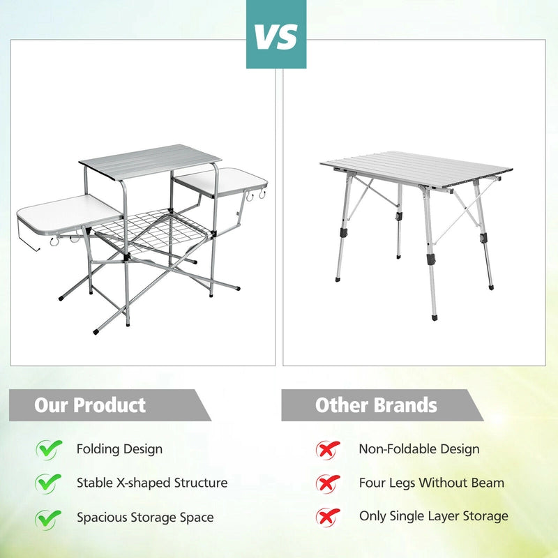 Folding Camping Table with Storage Lower Shelf & Hook & Carry Bag
