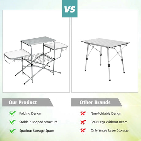 Folding Camping Table with Storage Lower Shelf & Hook & Carry Bag