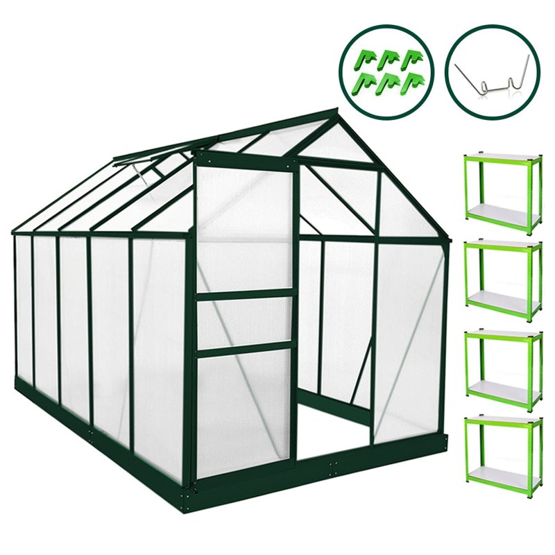 Greenhouse 6ft x 10ft (Green) With Base & Racking