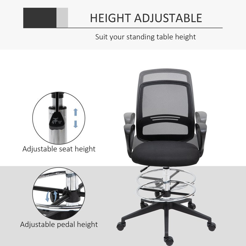 Vinsetto Ergonomic Mesh Back Draughtsman Chair, Tall Standing Desk Chair with Adjustable Height and Footrest 360 Swivel, Black