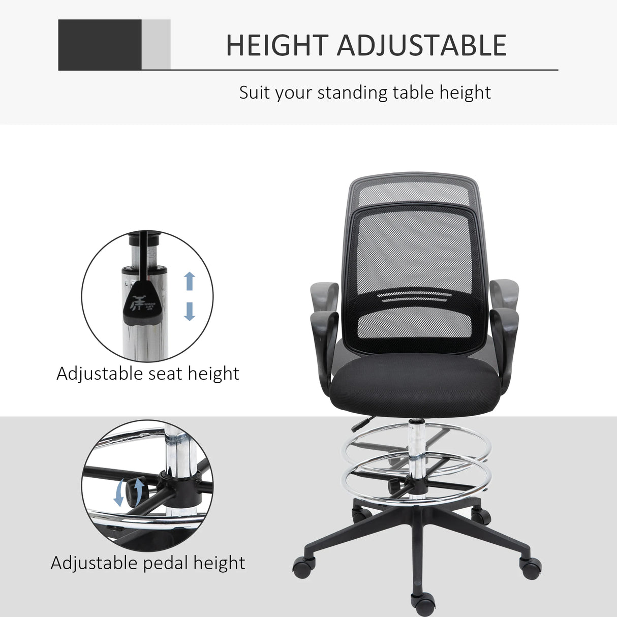 Vinsetto Drafting Chair, Ergonomic Tall Office Chair with Mesh Back, Lumbar Support, Adjustable Height and Foot Ring, Swivel Wheels, for Standing Desk, Black