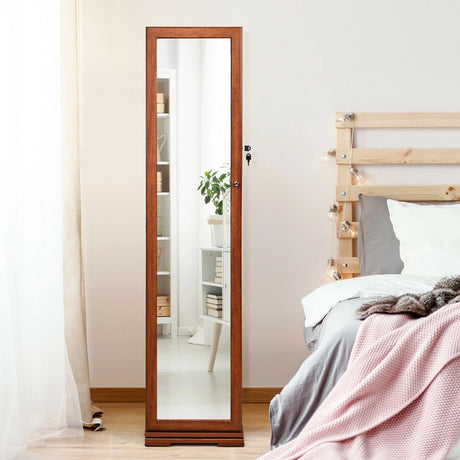 Full Length Mirrored Jewellery Cabinet Rotates 360 with Open Display Shelves-Brown