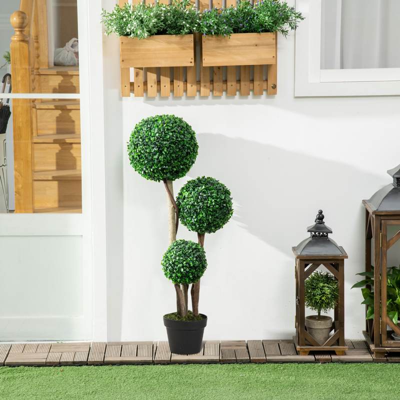 HOMCOM Decorative Artificial Plant Boxwood Ball Topiary Tree in Pot Fake Plant for Home Indoor Outdoor Decor, 90 cm, Dark Green