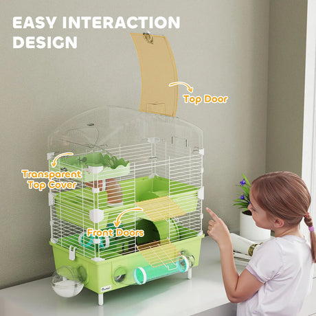 PawHut 3-Tier Hamster Cage with Transparent Top, Sand Bathroom, Exercise Wheel, Hideout Room, Tubes, 45 x 28 x 60 cm, Green