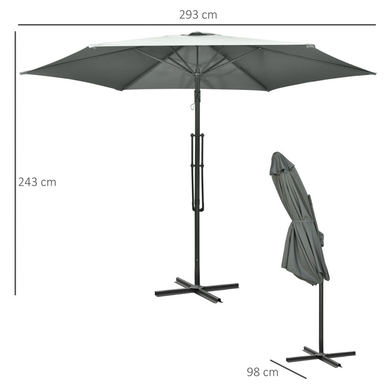 Outsunny 3m Cantilever Parasol with Easy Lever, Patio Umbrella with Crank Handle, Cross Base and 6 Metal Ribs, Outdoor Sun Shades for Garden, Grey