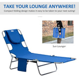 Outsunny 2 Pieces Foldable Sun Lounger with Reading Hole, Portable Sun Lounger with 5 Level Adjustable Backrest, Reclining Lounge Chair with Side Pocket, Headrest Pillow, Blue