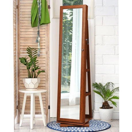 Full Length Mirrored Jewellery Cabinet Rotates 360 with Open Display Shelves-Brown