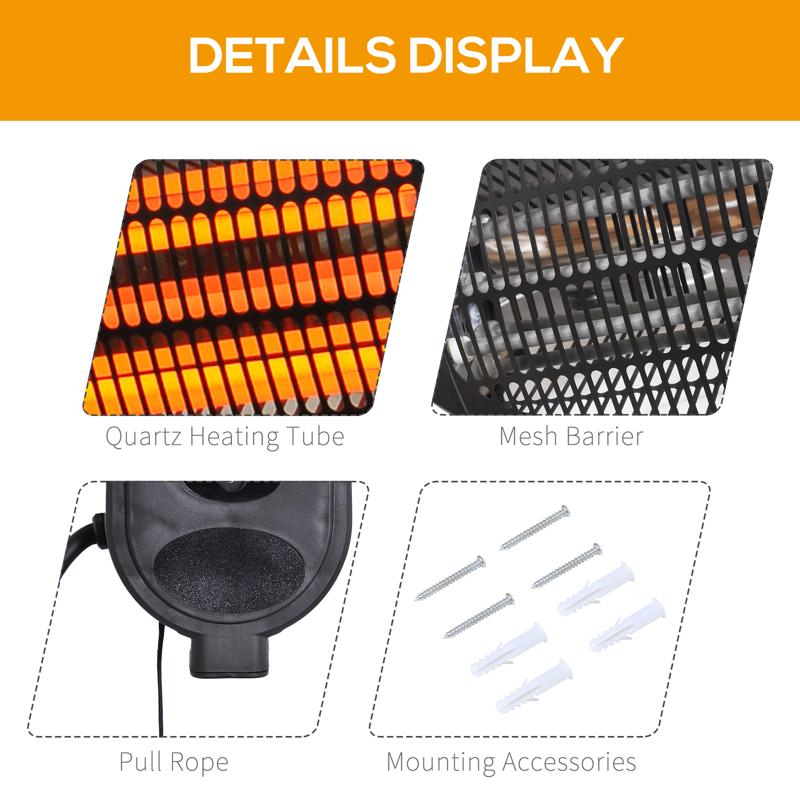 Outsunny 2kw Wall Mounted Infrared Electric Patio Heater Garden Outdoor Heating Warmer Waterproof 3 Power Settings Tilt Angle