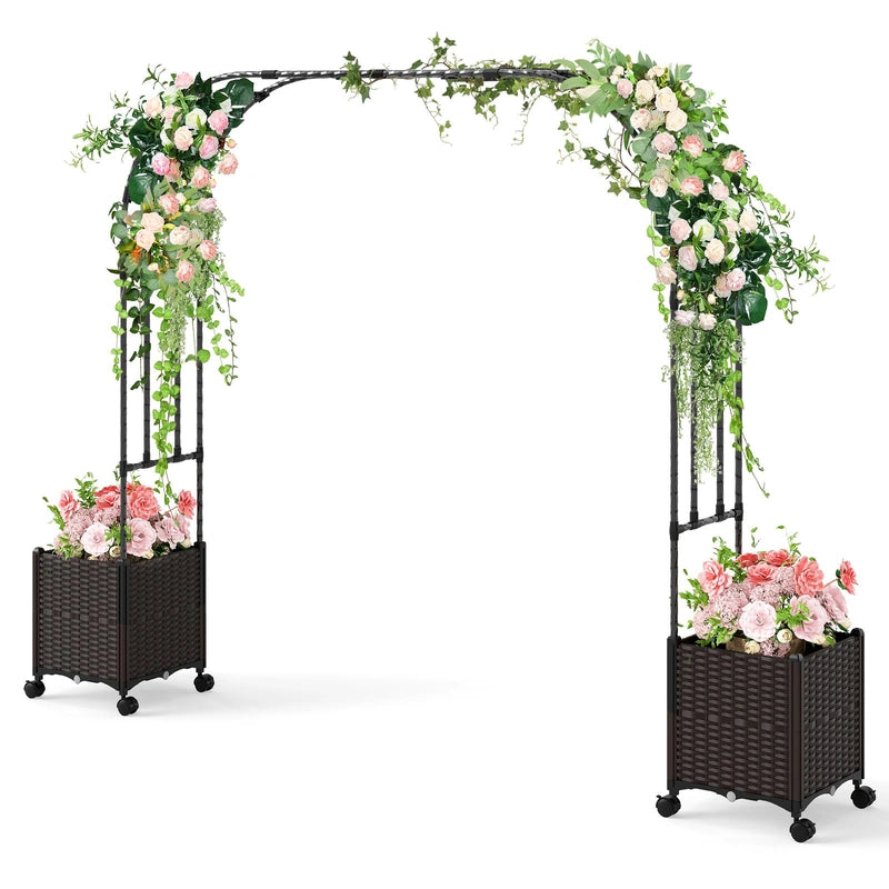 6.6 Feet Arch Arbor Trellis with 2 Planter Boxes & Detachable PE-Coated Metal Tubes-Black