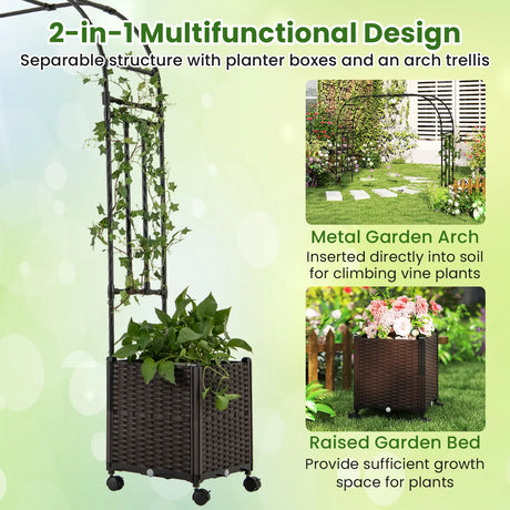 6.6 Feet Arch Arbor Trellis with 2 Planter Boxes & Detachable PE-Coated Metal Tubes-Black