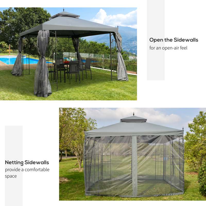 Outsunny 3(M)x3(M) Garden Gazebo Double Top Outdoor Canopy Patio Event Party Wedding Tent Backyard Sun Shade with Netting - Grey