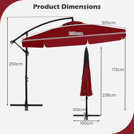 Patio Cantilever Offset Hanging Umbrella with Cover Easy Tilt Adjustment-Red