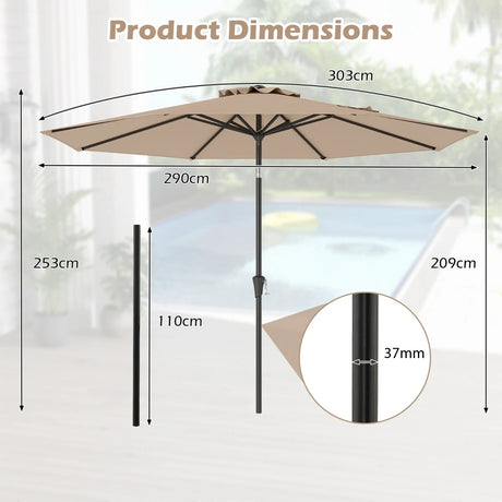 290 CM Patio Umbrella with Crank and 8 Sturdy Ribs for Garden Yard-Coffee