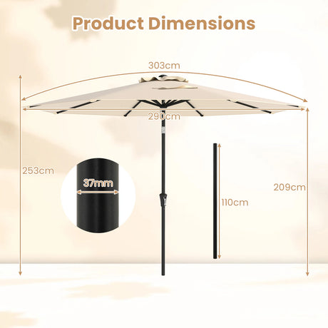 290 CM Patio Umbrella with Crank and 8 Sturdy Ribs for Garden Yard-Beige