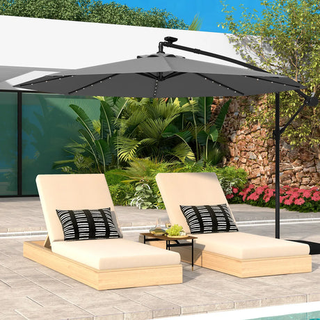 300cm Solar Offset Parasol 40 Lamp Beads Solar Panel Tilt Adjustment Cross Base Crank Gray