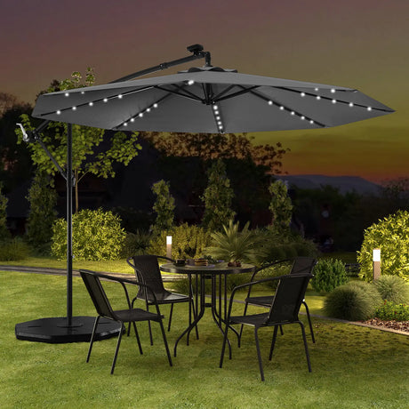 300cm Solar Offset Parasol 40 Lamp Beads Solar Panel Tilt Adjustment Cross Base Crank Gray