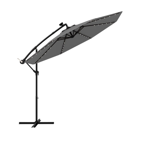 300cm Solar Offset Parasol 40 Lamp Beads Solar Panel Tilt Adjustment Cross Base Crank Gray