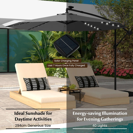 300cm Solar Offset Parasol 40 Lamp Beads Solar Panel Tilt Adjustment Cross Base Crank Gray