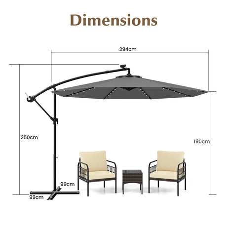 300cm Solar Offset Parasol 40 Lamp Beads Solar Panel Tilt Adjustment Cross Base Crank Gray