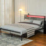 HOMCOM Double Steel Bed Frame, with LED Lights and Headboard Shelf - Grey