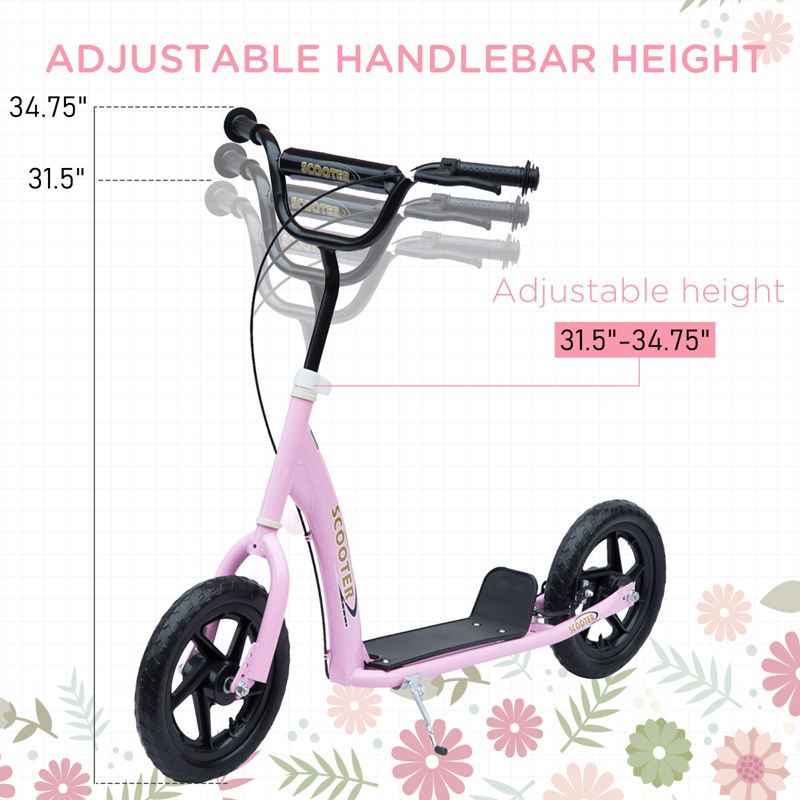 HOMCOM Kids Scooter Kick Scooter, with 12" EVA Tyres, Rear Brake, Big Wheels Scooter for 5-12 Years , Pink