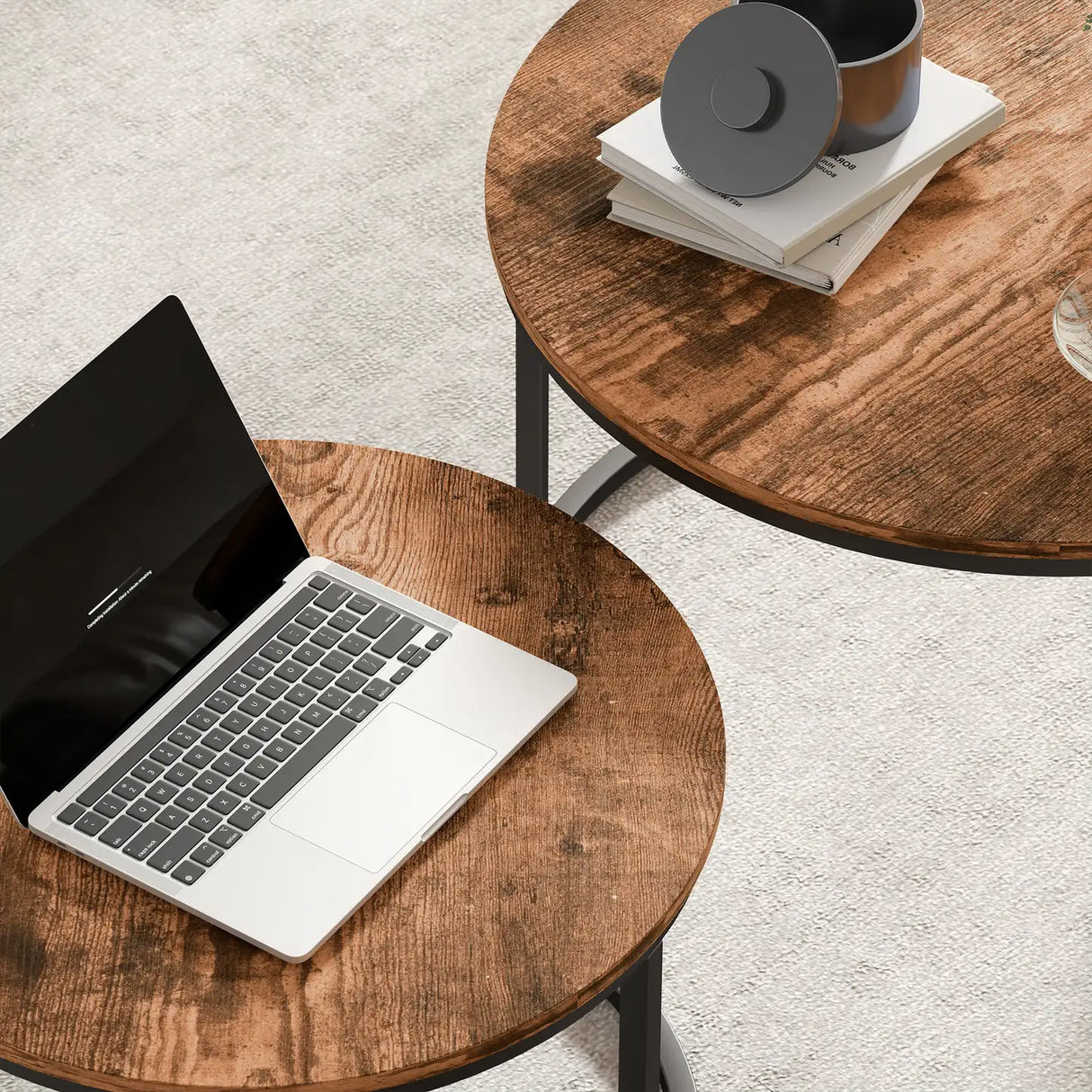 HOMCOM Coffee Table Set of 2, Round Nest of Tables with Metal Frame, Modern Side Tables for Living Room, Rustic Brown