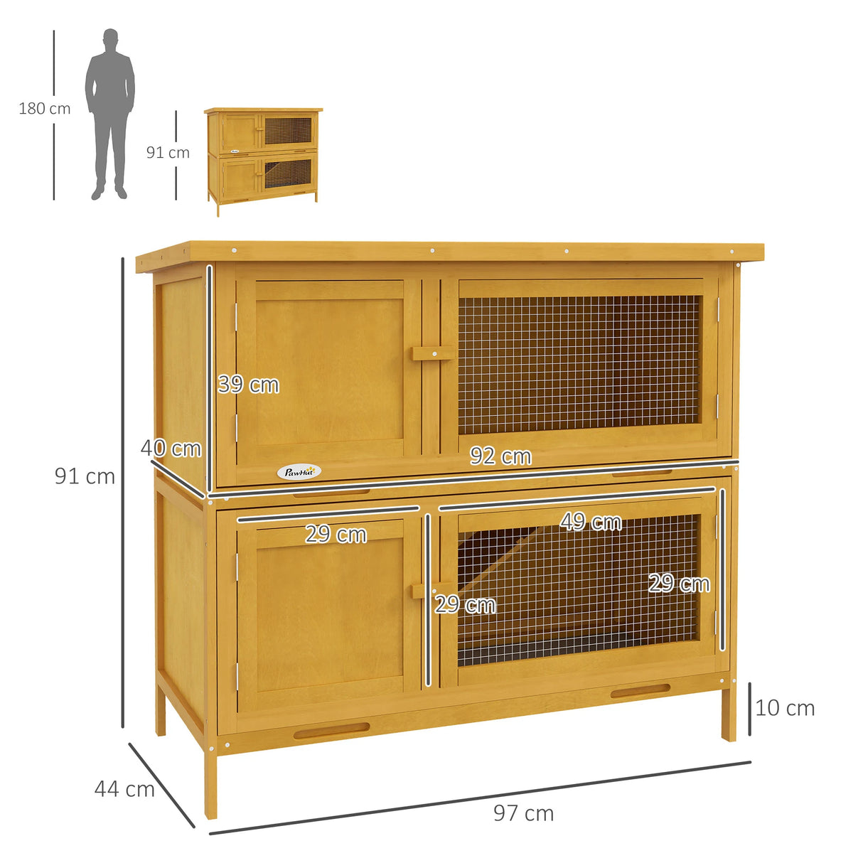 PawHut Double Decker Rabbit Hutch 2 Tier Guinea Pig House Pet Cage Outdoor with Sliding-out Tray, 97 x 44 x 91cm, Yellow