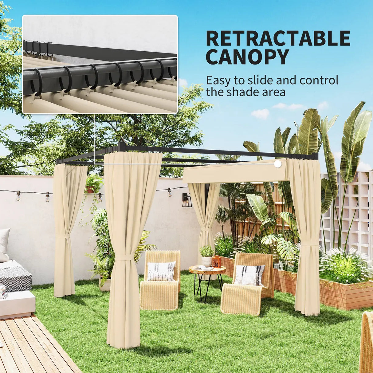 Outsunny 3 x 3m Retractable Roof Pergola, with Curtains - Khaki