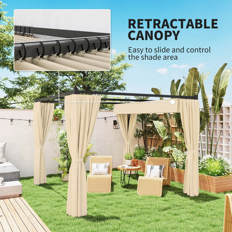Outsunny 3 x 3m Retractable Roof Pergola, with Curtains - Khaki