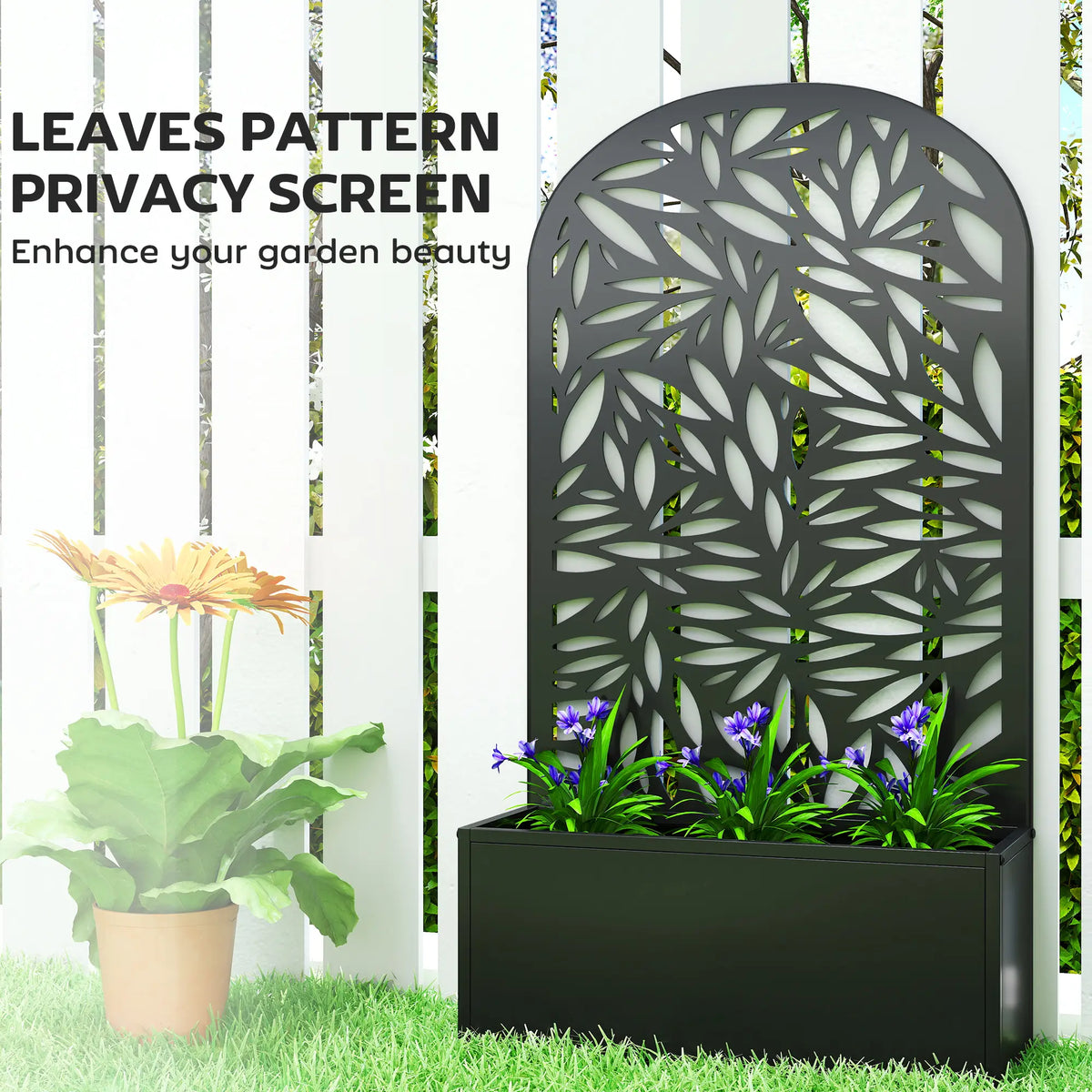 Outsunny Metal Garden Bed for Garden with Trellis, Wall Mounted or Freestanding Raised Planter with Curved Privacy Screen