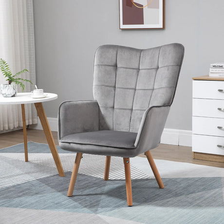 HOMCOM Modern Accent Chair, Upholstered Tufted Wingback Armchair with Seat Padding, Velvet Leisure Lounge Bedroom Chair with Wood Legs, Grey