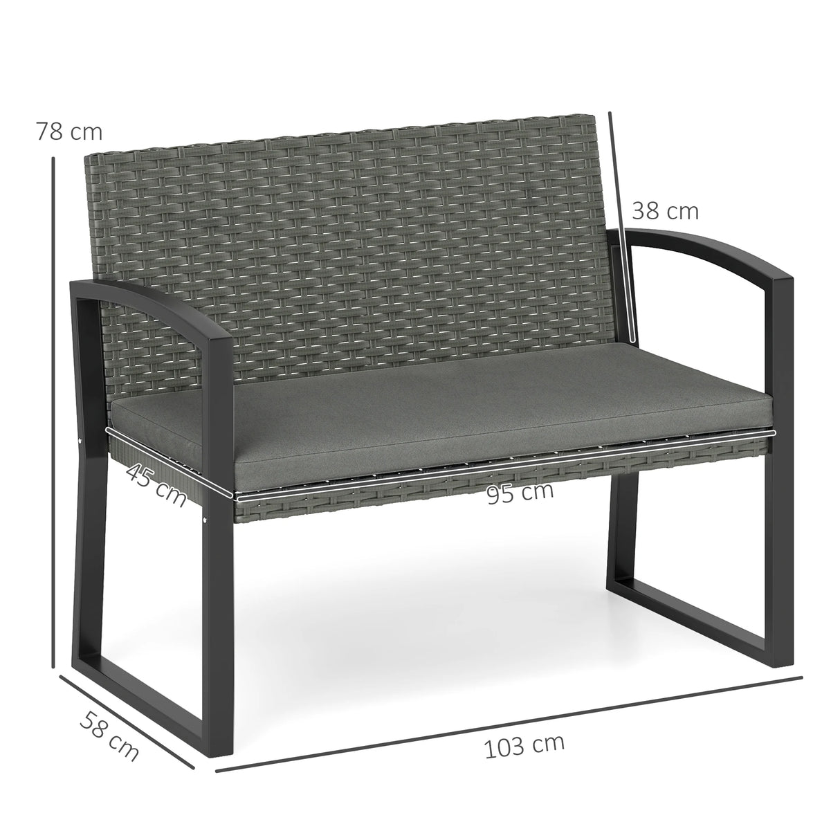 Outsunny Two-Seater Rattan Garden Bench - Grey/Black
