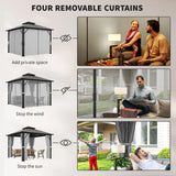 Outsunny 3 x 3(m) Hardtop Gazebo Canopy with UPF30+ Double Polycarbonate Roof, Aluminium Frame Garden Gazebo Permanent Pavilion with Mosquito Netting and Curtains for Patio, Deck, Grey