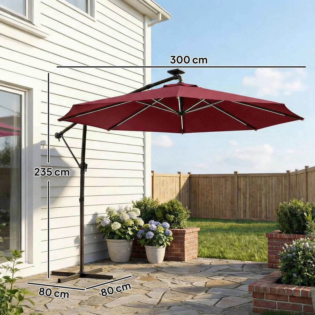 Outsunny 3 m Garden Cantilever Parasol with LED Solar Light, Round Overhanging Umbrella with 360 Rotation, Cover, Wine Red