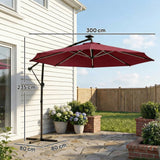 Outsunny 3 m Garden Cantilever Parasol with LED Solar Light, Round Overhanging Umbrella with 360 Rotation, Cover, Wine Red
