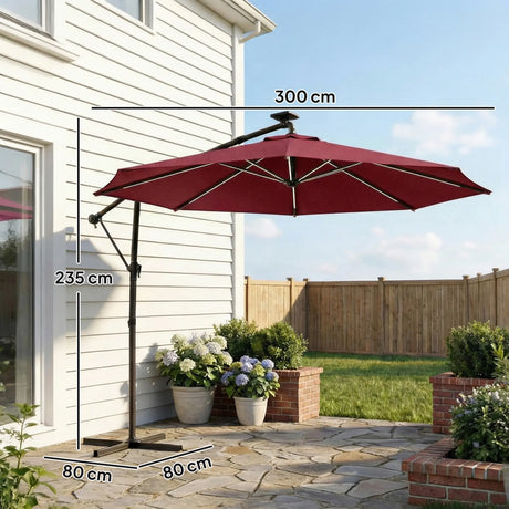 Outsunny 3 m Garden Cantilever Parasol with LED Solar Light, Round Overhanging Umbrella with 360 Rotation, Cover, Wine Red
