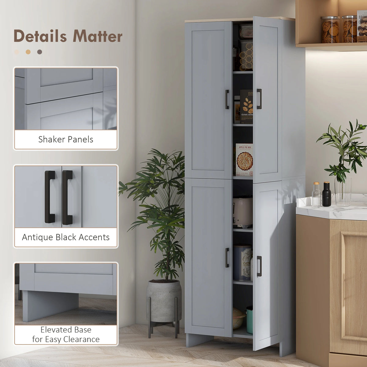 HOMCOM Freestanding Kitchen Cupboard, 4-Door Storage Cabinet with Adjustable Shelves, Modern Kitchen Pantry for Dining Room, 170cm, Grey