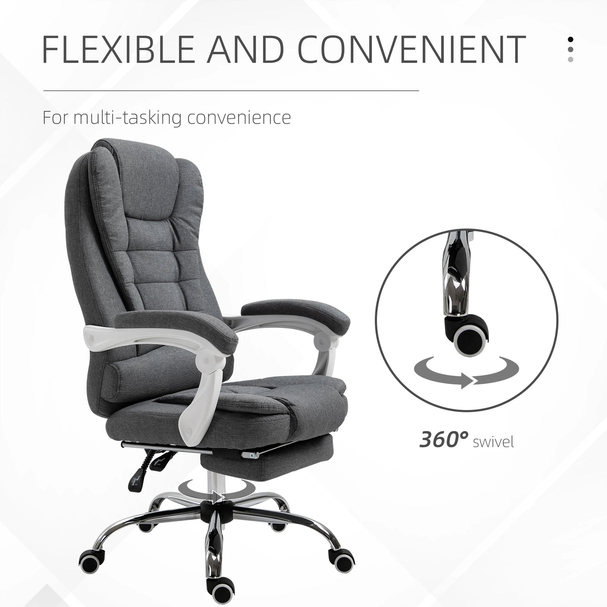 Vinsetto Office Chair, Computer Desk Chair, Linen Fabric Swivel Rolling Task Chair with Large Soft Padded Cushion, 135 Reclining Backrest and Retractable Footrest, Grey