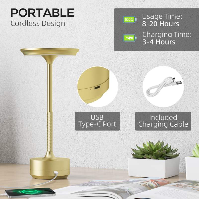 HOMCOM Cordless Table Lamp, Touch LED Desk Lamp with 4000mAh Rechargeable Battery, 3 Colour, for Bedroom Living Room, Gold Tone